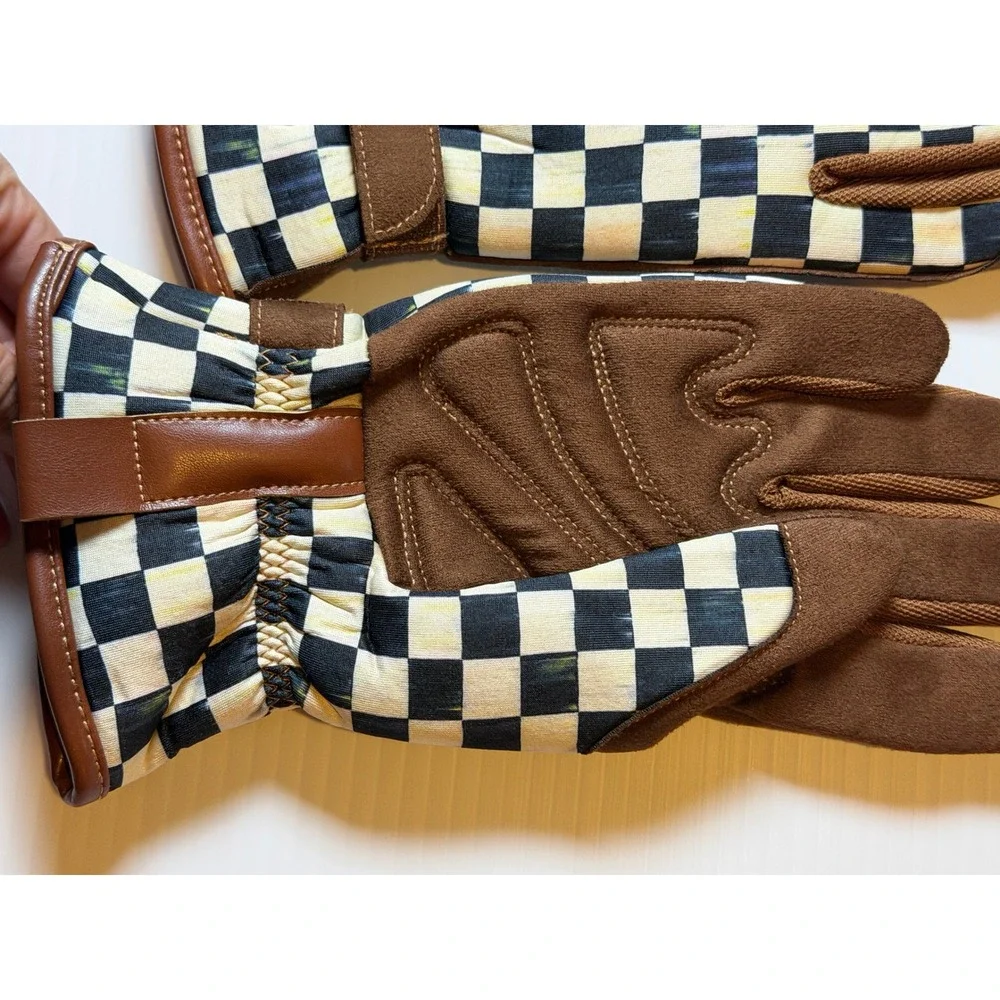 MacKenzie-Childs Courtly Check Garden Gloves Black Tan Brown Patterned One Size